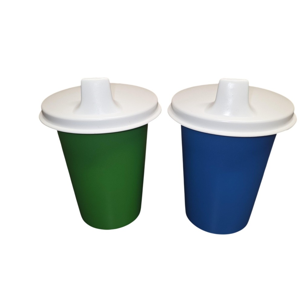 VTG Tupperware 7 Oz Sippy Cups Set Green Blue White Dome Lids BPA Free